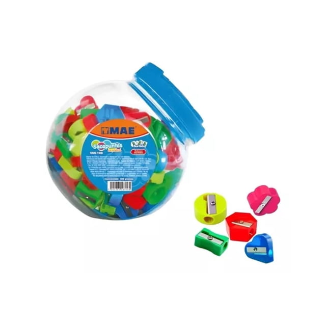 100 Piezas Sacapuntas Plastico MAE Colores Figuras Surtidas Escolar, Para Lápices, Colores