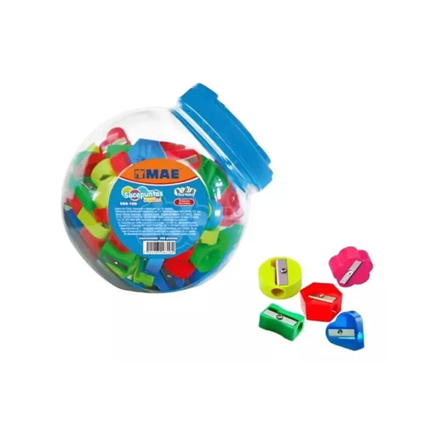 100 Piezas Sacapuntas Plastico MAE Colores Figuras Surtidas Escolar, Para Lápices, Colores