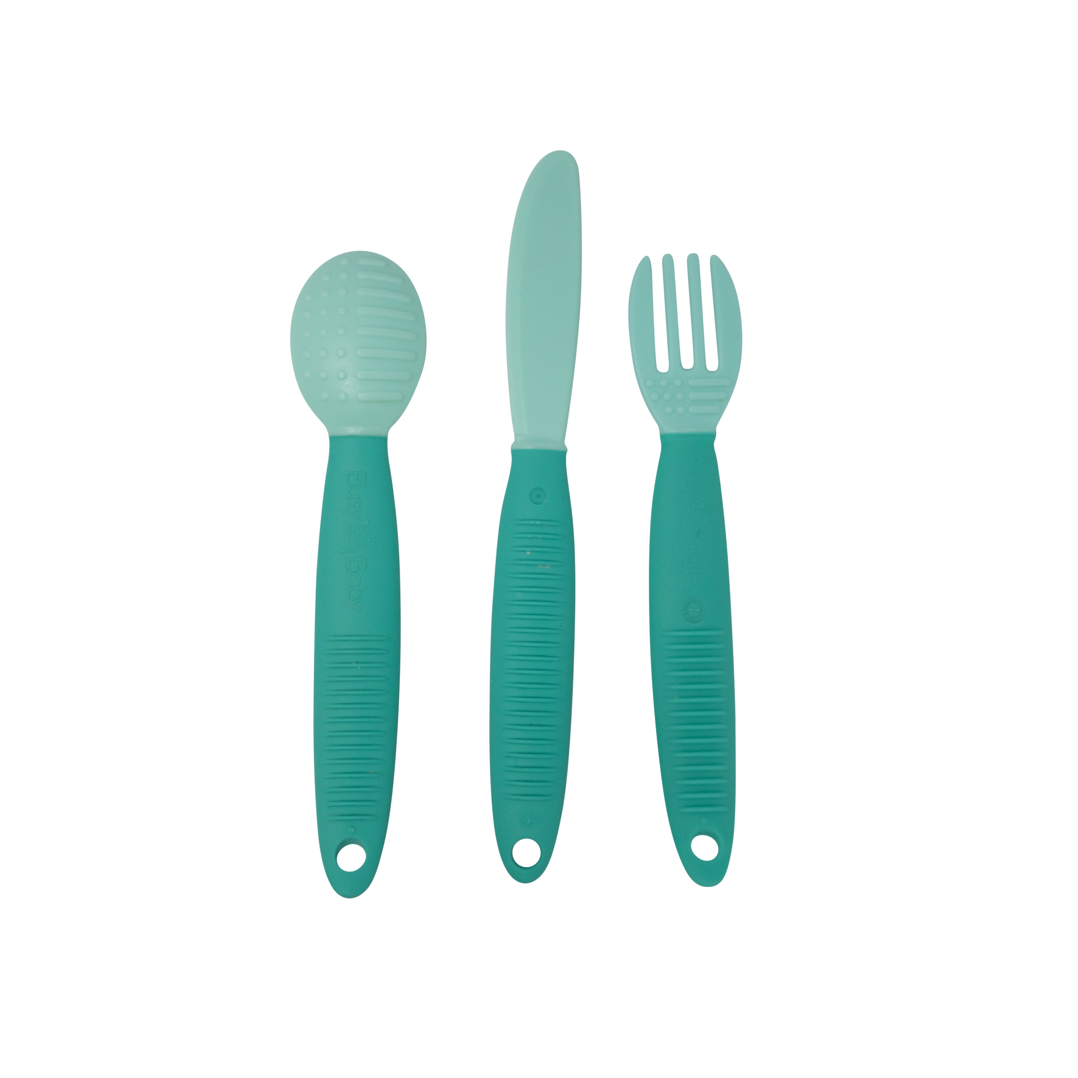 Busy Baby Silicone, BPA-Free Utensils for Babies and Toddlers, Fork, Spoon and Knife Set, Spearmint
