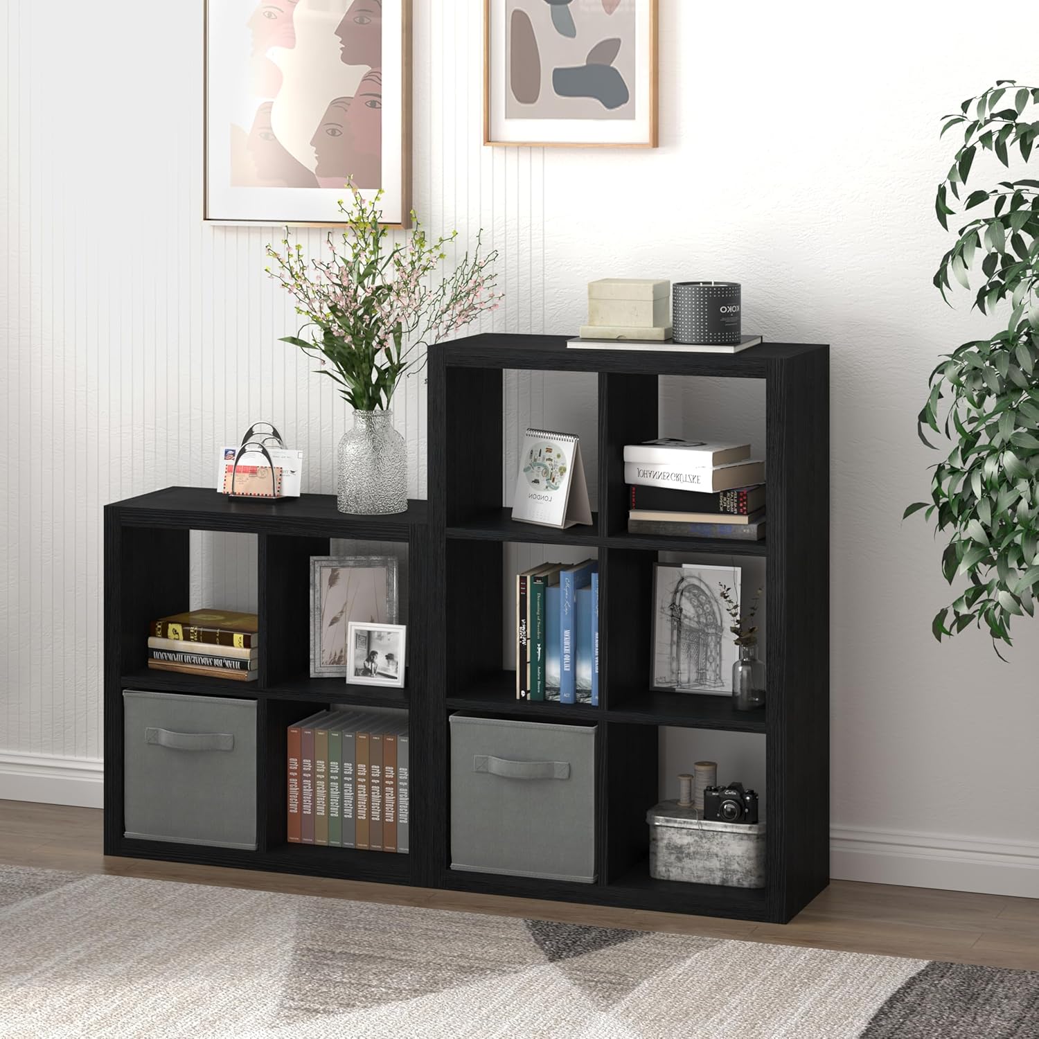 Bookshelf with Storage Bin, 4-Cube Storage Organizer, Modern Wood Open Bookcase, Multifunctional Display Shelf for Living Room, Bedroom, Home Office, Black