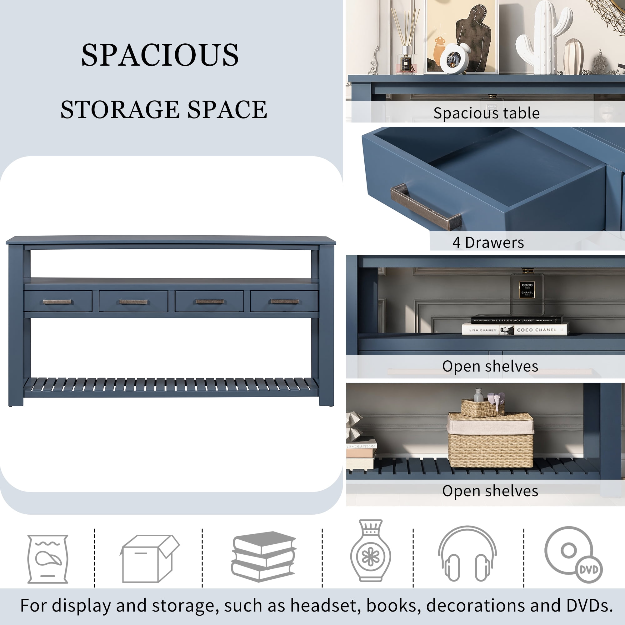 Euroco 61.5" Large Console Table,Modern Wood Entryway Table Sofa Table with 3-Tier Open Shelves & 4 Drawers for Living Room,Hallway,Foyer,Navy Blue