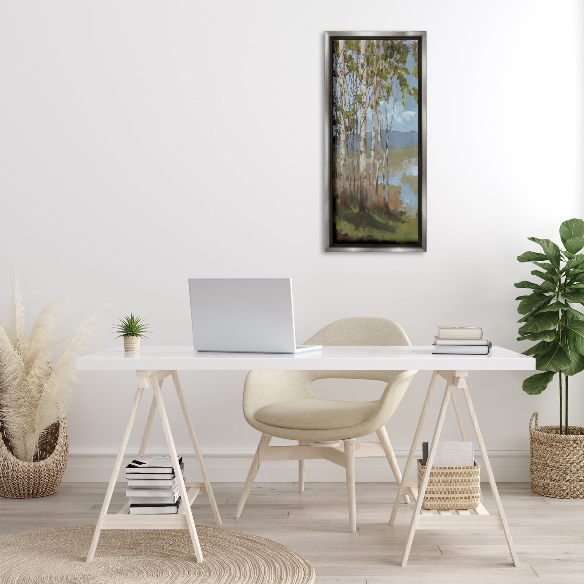 Stupell Industries Rustic Birch Grove Landscape Painting Gray Floater Framed Art Print Wall Art, 15 x 31