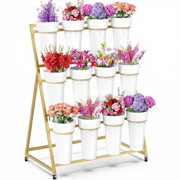 Flower Cart Display Stand 3-Tier with 12 Buckets & Wheels, Heavy Duty Metal Plant Shelf, Movable Flower Bar for Wedding Indoor Outdoor Display, Gold