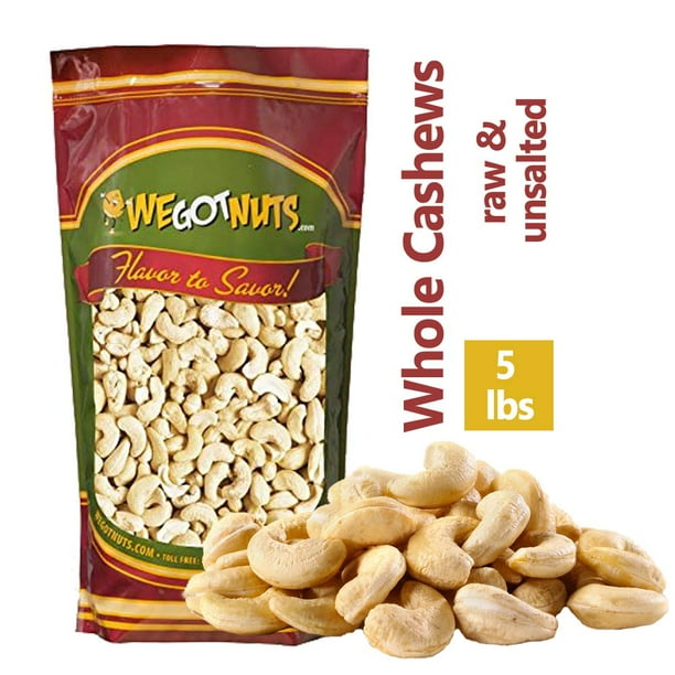 Cashews Whole, Raw, Unsalted, 5 Pounds