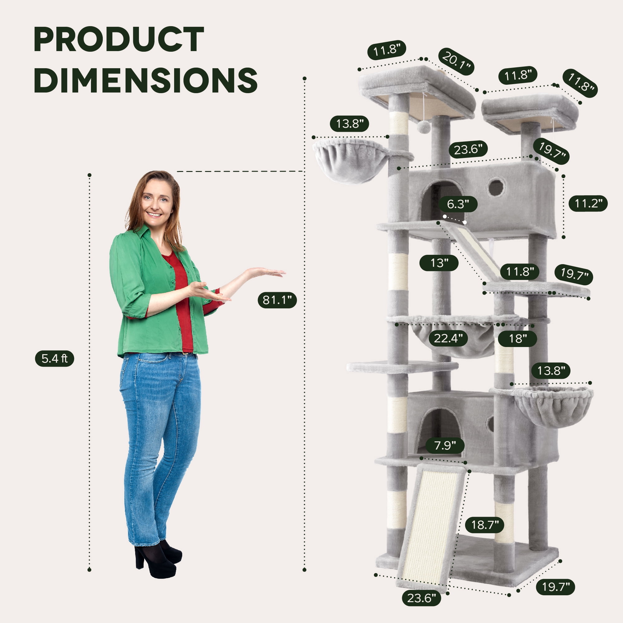 Einfach 81" Multi-Level Tall Cat Tree Tower, Larger Cat Condo with Hammock, Cozy Pussycat Perches, Sisal Scratching Posts, Grey