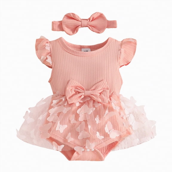 JUMEYU Baby Girl Bubble Romper Summer Newborn Baby Girl Summer Romper Dress Infant Fly Sleeve Flower Embroidery Mesh Tulle Skirt Hem Ribbed Bodysuit 0 3 6 9 12 18 24 Months (Pink,12-18 Months)