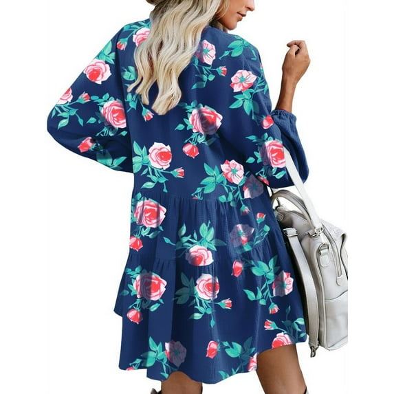 FANCYINN Womens Floral Shift Tunic Dress Long Sleeve Cover Up V Neck Ruffle Swing Chiffon Floral Prints Mini Dress Navy Flower Pockets S
