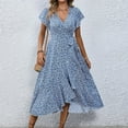 thumbnail image 2 of Wedding Guest Dresses For Women, Floral Chiffon Short Sleeve Ruffle V Neck Tie Tunic Flowy Maxi Beach Dress Shirts Denim Church Dresses Women Bridesmaid Elegant Dresses Outfits (M, Blue) ZMTing, 2 of 5