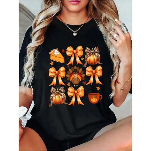 Women's 100% Cotton Coquette Bow Pumpkin Pie Graphic T-Shirt - Casual Lady Round Neck Streetwear Top for Vintage Thanksgiving