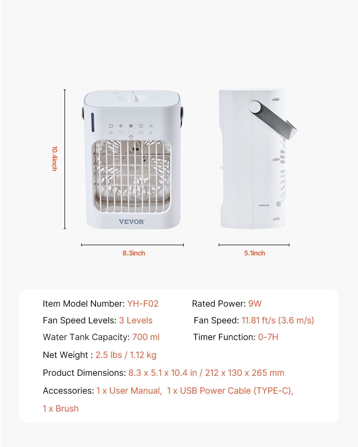 VEVOR Portable Air Conditioner, 4-in-1 Evaporative Air Cooler, 3-Speed Mini Air Conditioner with 0-7H Smart Timer, 700ml Water Tank, 7-Color Light, Personal Mini Desk AC Fan for Bedroom Office Room