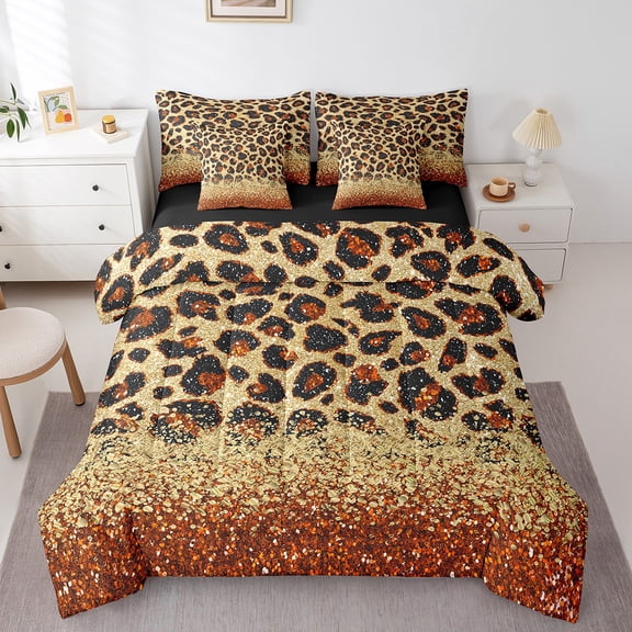 Orange Leopard Print Comforter Set 7 Piece Bed in a Bag Twin,Gold Sequins Print Sheet Set with Comforter,Animal Hide Cheetah Bedding Set African Animals Bed Set Spot Western Decor