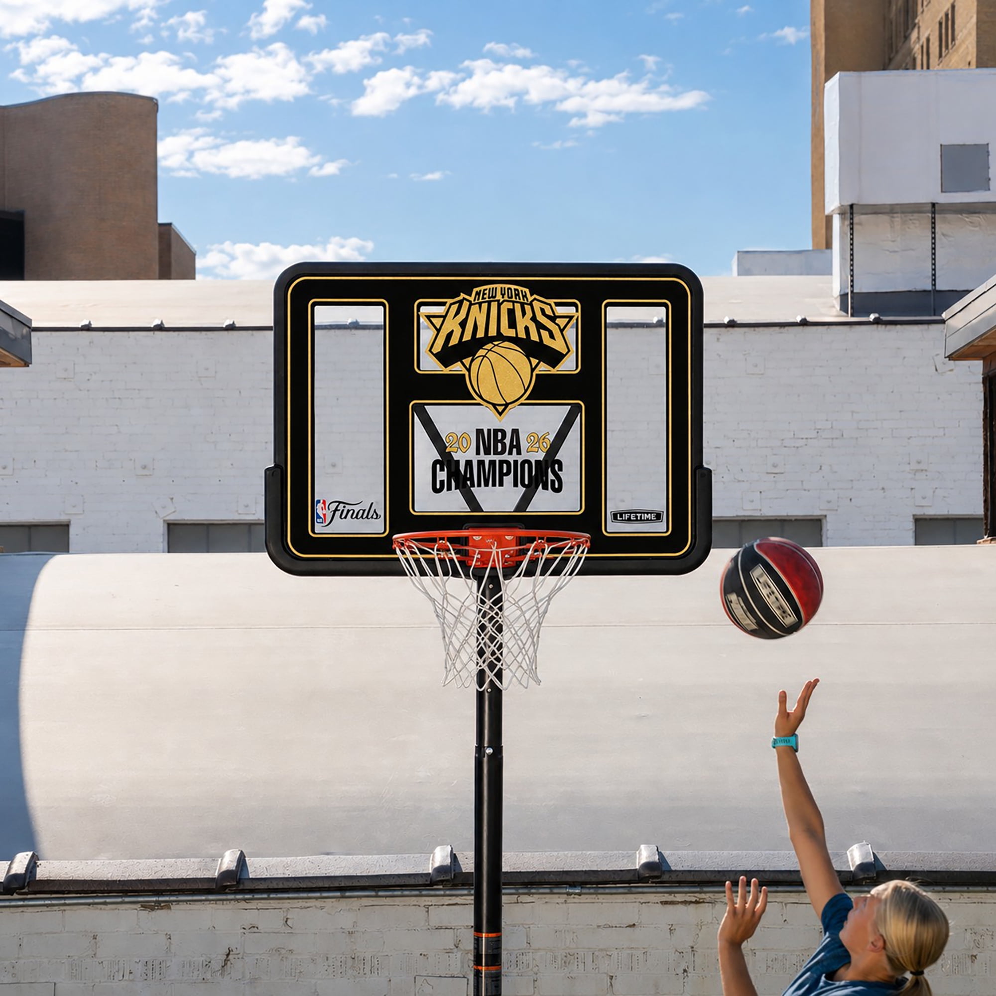 Lifetime NBA New York Knicks Championship Edition 44" Portable Basketball Hoop with Wheels – 7.5 to 10 Ft Adjustable Height