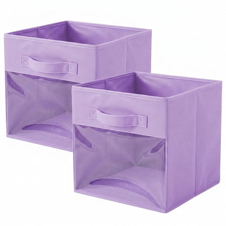 PinkSheep Cube Storage Bins Collapsible Fabric Storage Bins 11 Foldable Storage Cube Organizer Basket with Clear Window & Handles for Shelves and Closets Lavender 2 Pack