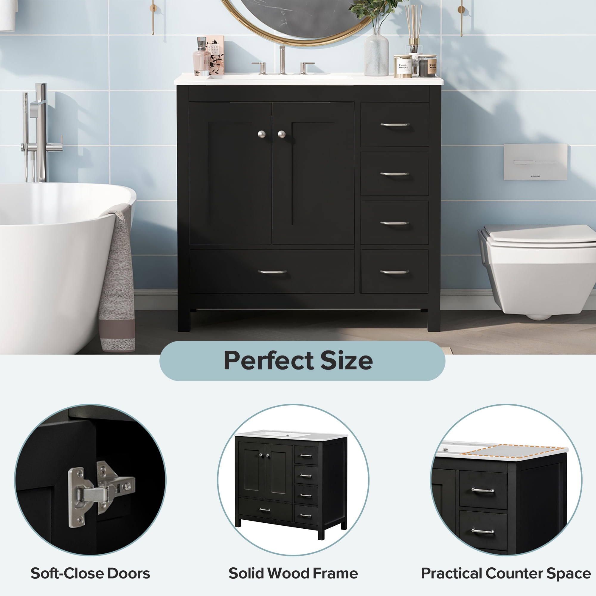Euroco 36" Black Bathroom Vanity with Ceramic Sink Combo, Abundant Storage Cabinet -2 Soft close doors and 5 drawers