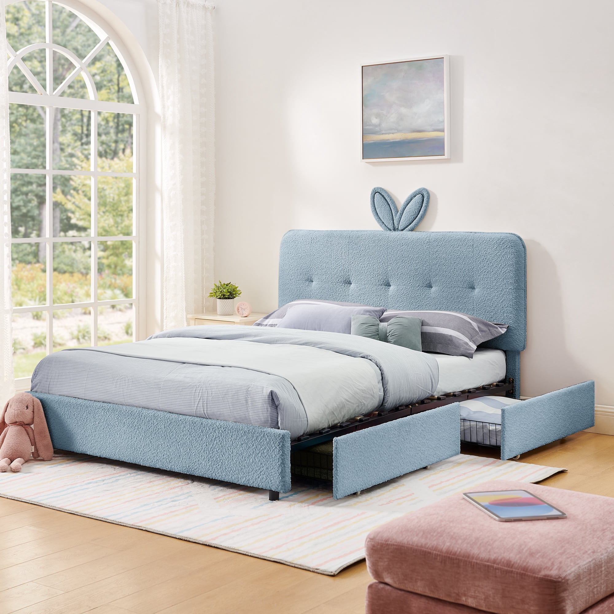Mintazer Queen Upholstered Kids Bed with Oversized Rabbit Ear Headboard, Boucle Fabric Platform Bed with LED Headboard & 4 Storage Drawers, Blue