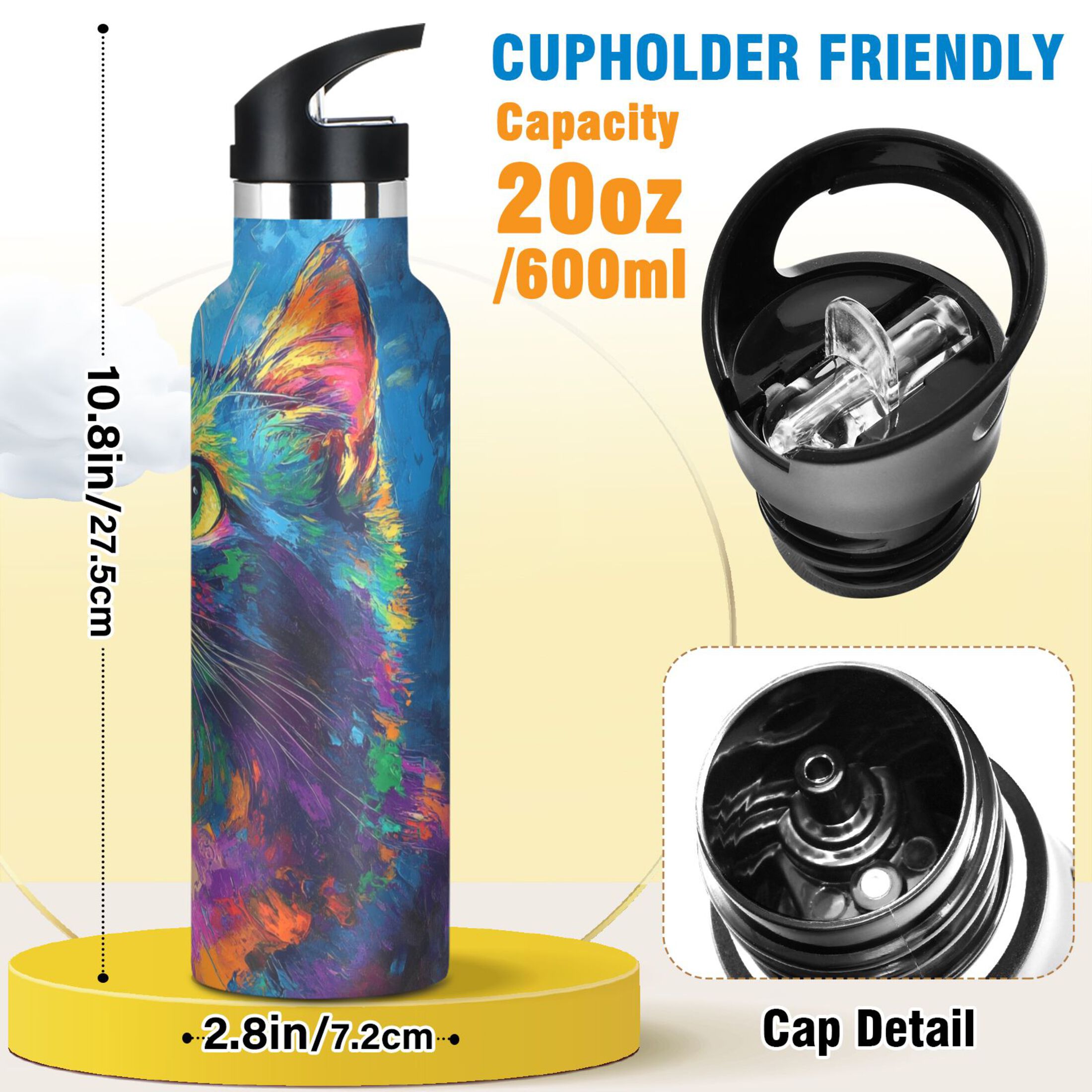 600ML Stainless Steel Insulated Cup Sports Water Bottle Portable Thermos Cup Water Glasses Insulated Tumblers Convenient and Durable Colorful Big-eyed Cat