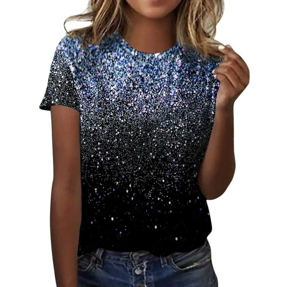 Womens Summer Tops Fashion Casual Round Neck Bright Printed Pullover T Shirt Top Oversized Tshirts for Women Blue L