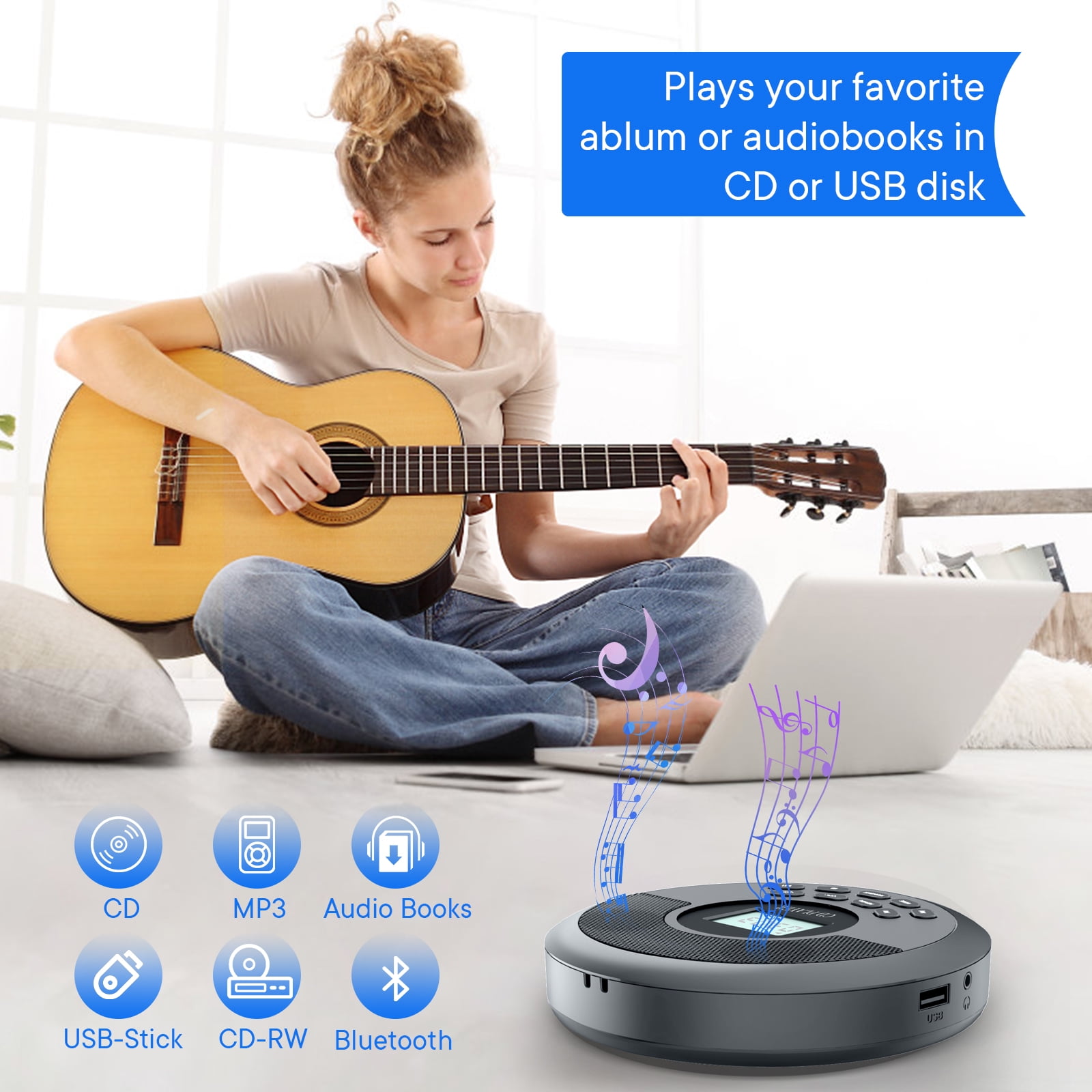 Portable CD Player Bluetooth:Rechargeable Walkman CD Player with Speakers and Headphones,Small CD Player for Car Plug in with Anti-Skip Protection,CD/USB/BT Playable.