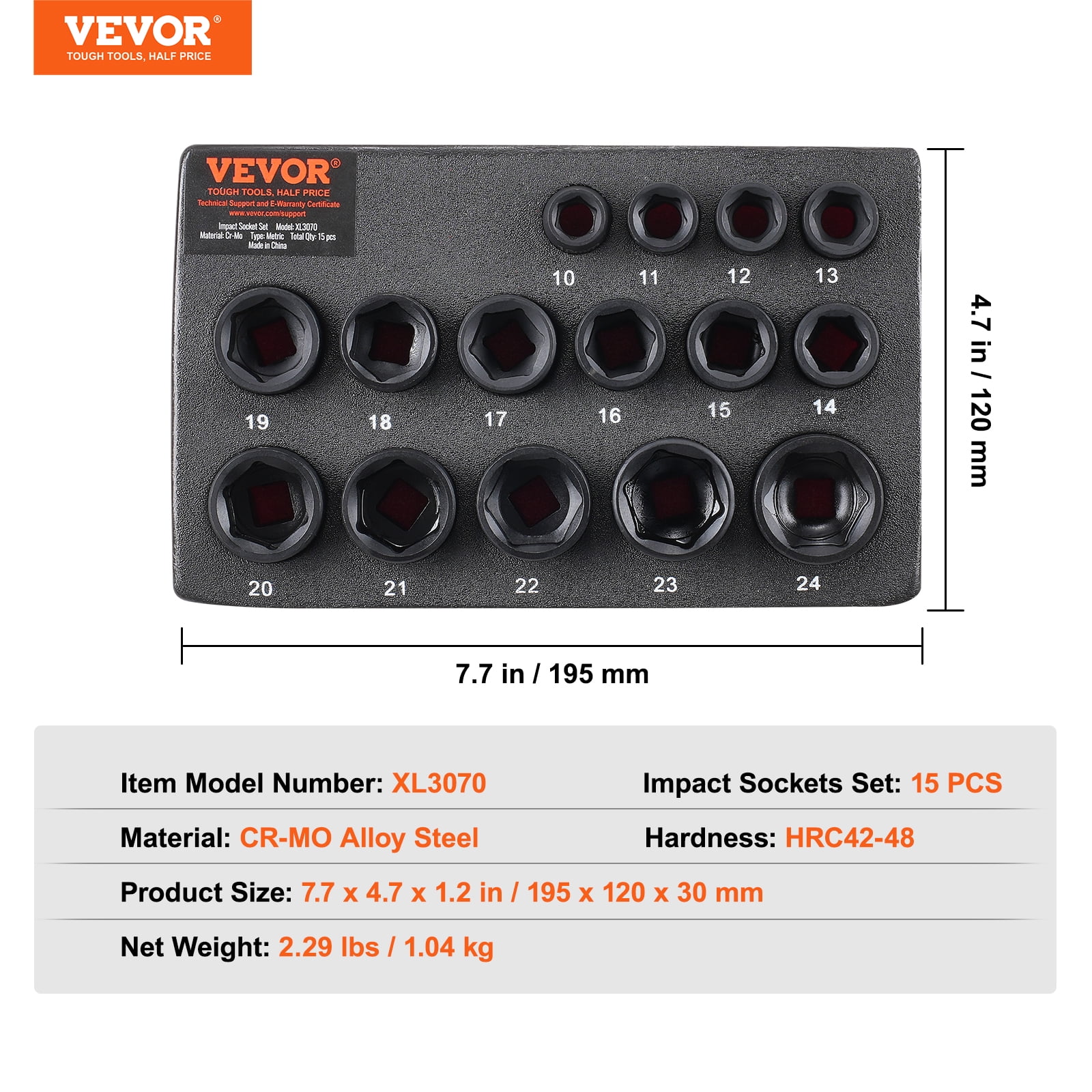 VEVOR Drive Impact Socket Set 3/8" - 15 Piece Ultra-Short Socket Set Metric 10-24mm - 6 Point Cr-Mo Alloy Steel for Auto Repair - Easy-to-Read Size Markings - Rugged Construction Socket Organizer