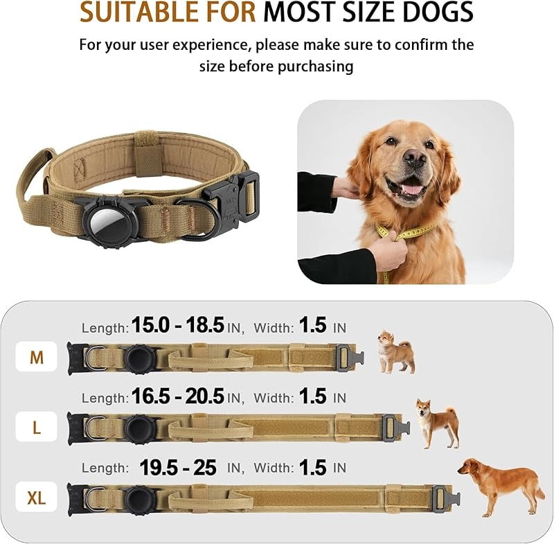 WAAYEE Tactical AirTag Dog Collar - Heavy Duty, Adjustable Collar Compatible with AirTag, with Control Handle for Medium/Large Dogs(Airtag Not Included)