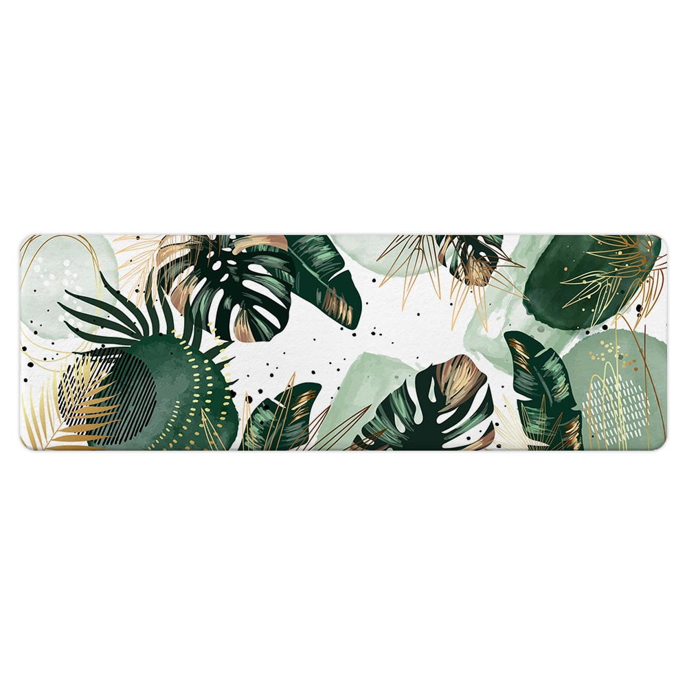 Green Chic Abstract Bath Mat for Bathroom, Boho Green Gold Leaves Tropical Watercolor Minimalist Modern Floor Rugs Mats Non Slip Bathroom Decor Accessories 16X48 Inches Kitchen Bedroom Indoor