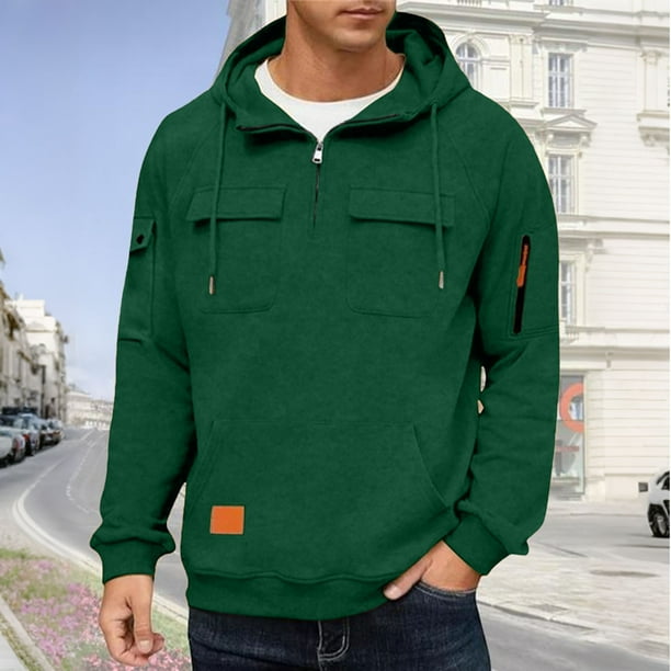pstuiky camisa de manga larga para hombre, Sudadera con capucha, cremallera de un cuarto y múltiples bolsillos de manga larga de color liso para hombre Tops casuales para hombres xxxl