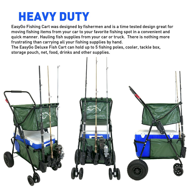 Fishing Cart Wagon - Holds 5 Fishing Poles – Portable - Large Air Rubber Wheels – Cooler Platform – Storage Pouch – Folds to Fit in Trunk of Car 
