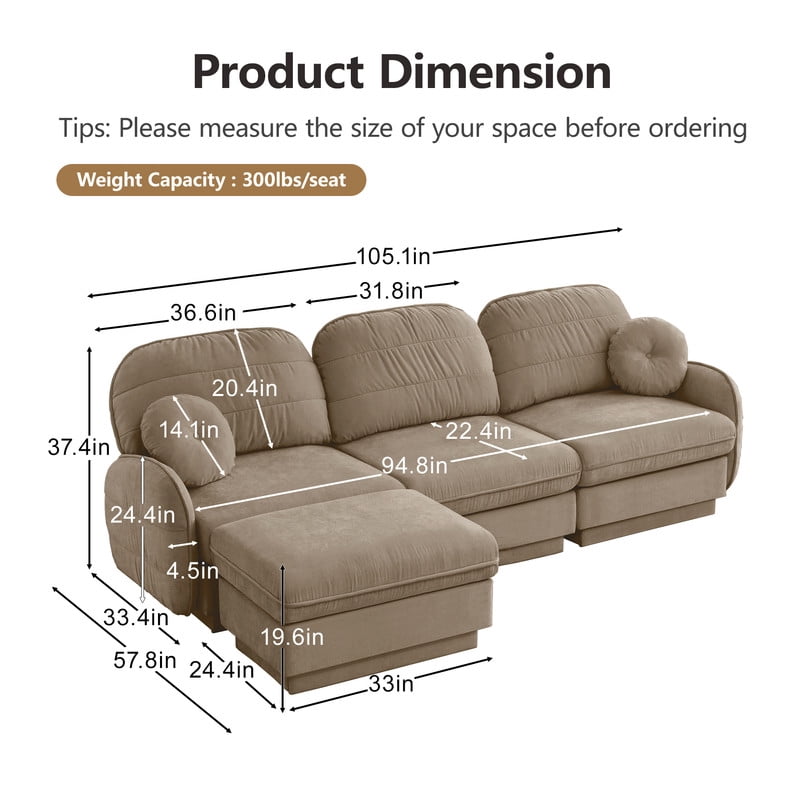 Chenille Modular Sofa with Ottoman, 3-Seater Deep Seat Cloud Couch, Convertible Sectional Sofa with Quilted Cushions & Round Pillows, Modern Sofa for Living Room, Apartment,Coffee