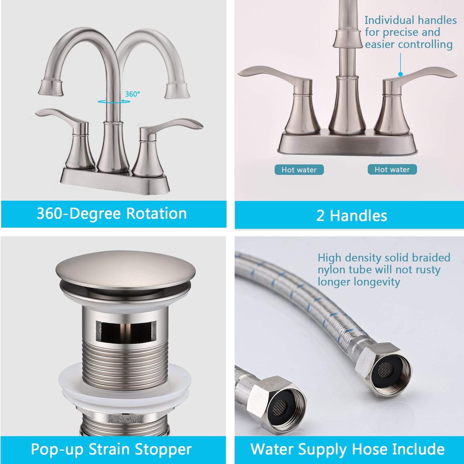 4 Inches Centerset Bathroom Faucet 360° Swivel Spout,With Pop Up Drain- Brushed Nickel,Brushed Nickel Zinc Bath Faucets Bathroom Sink Faucets