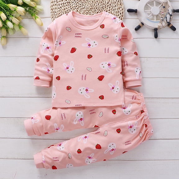 HVOBTTY Toddler Kid's Print Solid Cotton Thermal Top Long Pant 2 Piece Home Wear Base Layer Sleep Suits