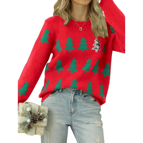 QAFOPEH Women Christmas Tree Sequin Printed Crew Neck Long Sleeve Knitted Sweater