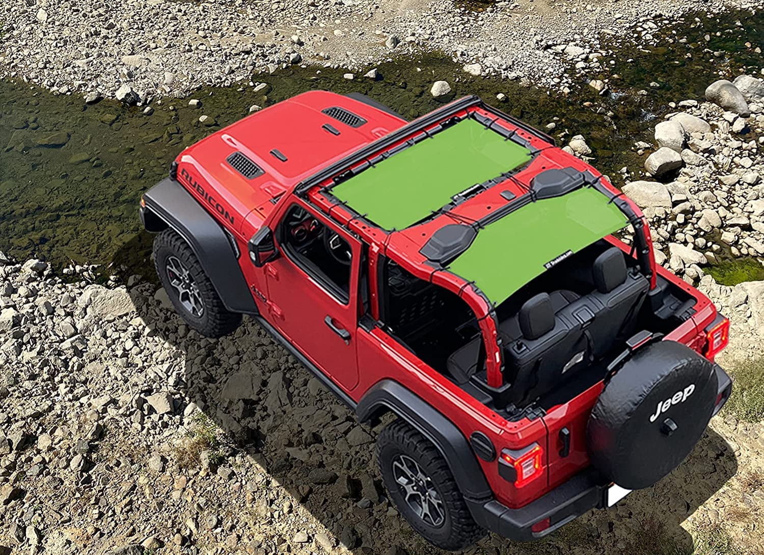 Shadeidea JL Sun Shade for Jeep Wrangler 2 Door Top Sunshade ( 2018 - Current ), Front & Rear - Green Mesh Screen Wrangler Cover, UV Blocker with Grab Bag Pouch - 10 Years Warranty