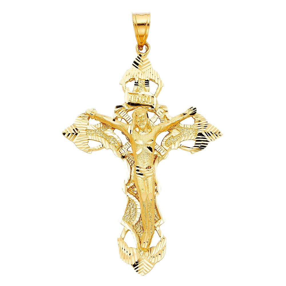 14k Yellow Gold Religious Medallion Cross Crucifix Charm Pendant 90mm