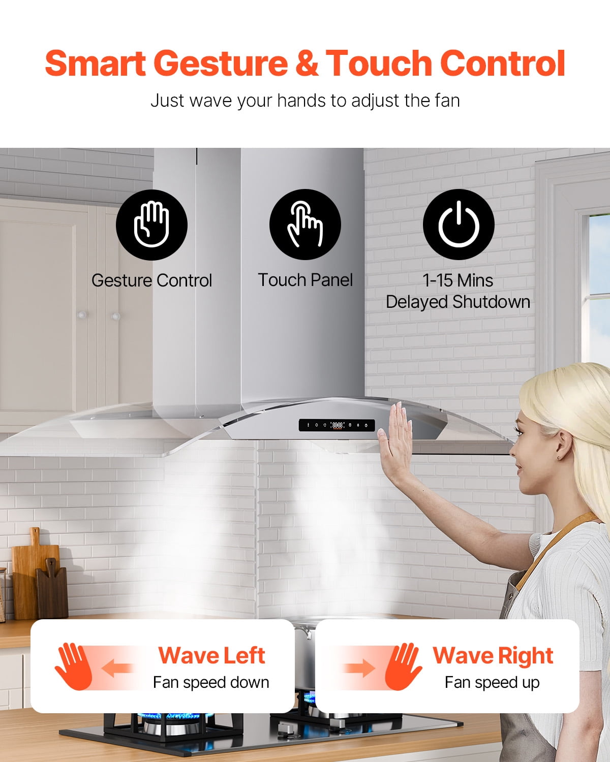KFFKFF Chimney‑Style Ceiling Mount Range Hood Kitchen Vent, Stainless Steel 30‑Inch