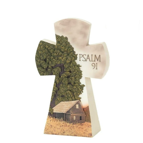 Barn and Farm Scene Psalm 91 Cross White 7.5 Resin Stone Table Top Figurine