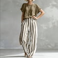 thumbnail image 3 of Textilo Women's 2 Piece Outfit Cotton Linen Striped T-Shirts Pants Outfits Short Sleeve Wide Leg Outfit Loose-Fit Summer Travel Vacation Fashion Activewear,Khaki M, 3 of 5