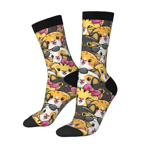 Fotbe Cute Cat Cartoon Calcetas Largas con Estampado para Hombre y Mujer – Calcetas de Compresión Transpirables y Elásticas, Viajar y Uso Diario Talla 5-11