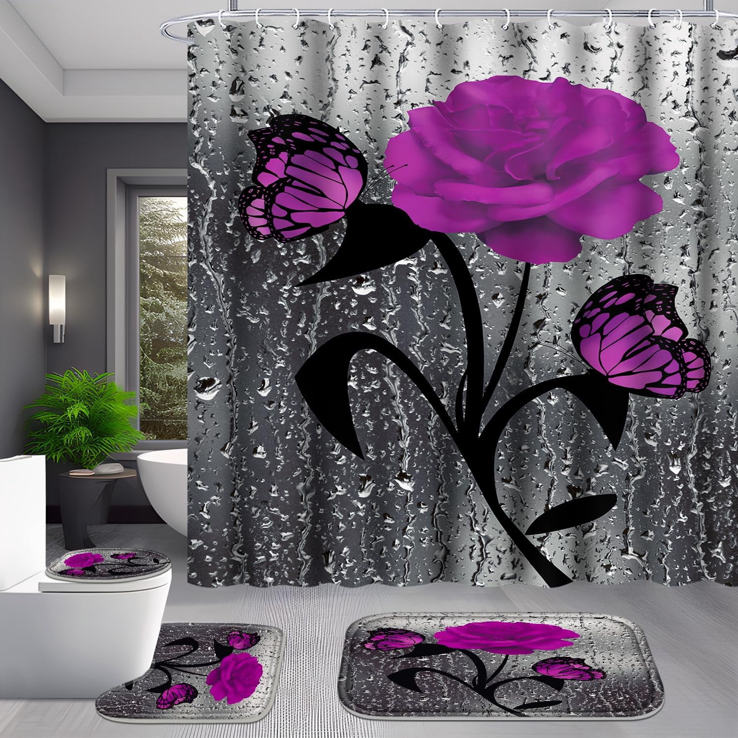 4 Pcs Bathroom Set,Orange Rose Shower Curtain Sets, Romantic Shower Curtain Sets with Rugs(Bath Mat,U Shape and Toilet Lid Cover Mat) and 12 Hooks
