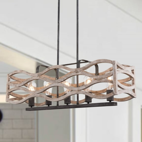 5-Light Rustic Wood Chandelier Coastal Kitchen Island Pendant Light