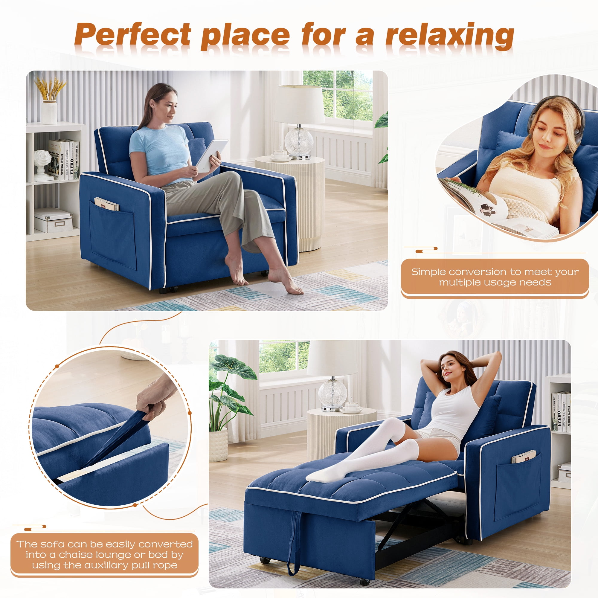 Dinosisco 3-in-1 Convertible Chair Bed, Sleeper Chair Lounge Chair Indoor, Modern Single Pull Out Couch for Living Room, Cobalt Blue Velvet