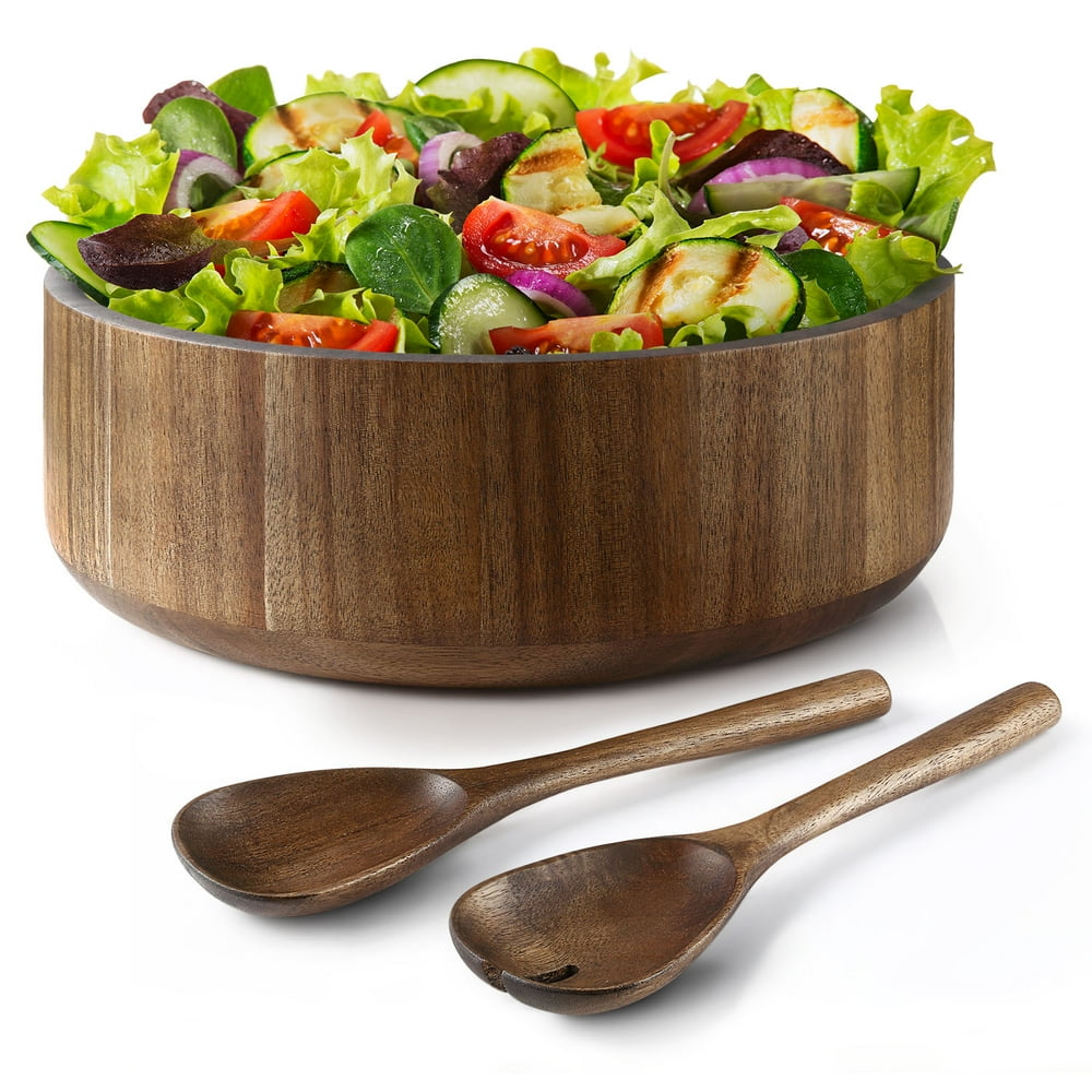 Miusco Rustic Wood Salad Serving Bowl Set with Tongs, 12" Large Kitchen Fruit Bowl, Decorative