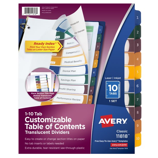 Avery 10Tab Dividers, Customizable TOC, Multicolor, 1 Set (11818