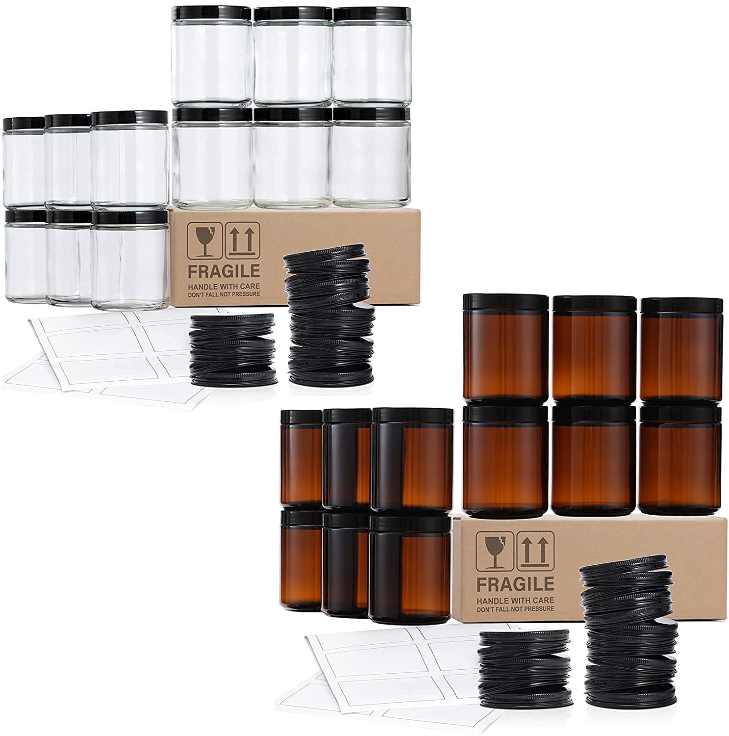 12 Pack, 8 OZ Clear Round Glass Jars + 12 Pack, 8 OZ Amber Round Glass