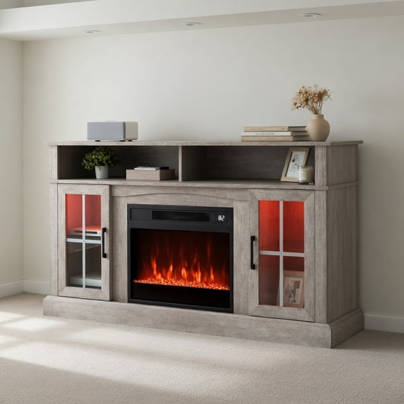 Resenkos 58 Inch Fireplace TV Stand with LED Lights, Media Console with Adjustable Shelves for Home Living Room, Gray
