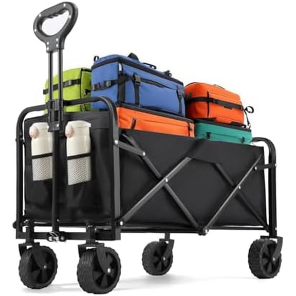 Collapsible Wagon 220 lbs, Heavy Duty Wagon Carts Foldable, Portable Wagons for Groceries, Beach Cart with All-Terrain Wheels & Drink Holders, Utility Wagon for Shopping, Sports, Camping,Black