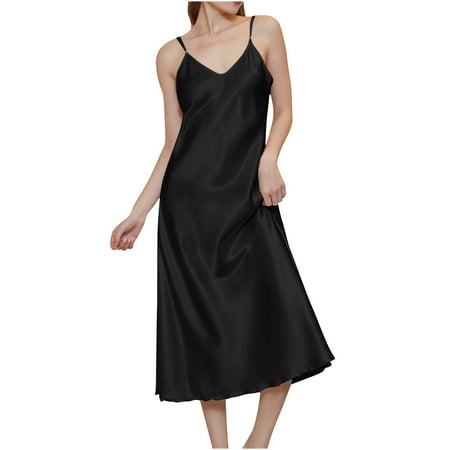 Tao Tao Women s Satin Nightgown Spaghetti Strap Slip Nightdress Chemise Negligee Lingerie Black XL