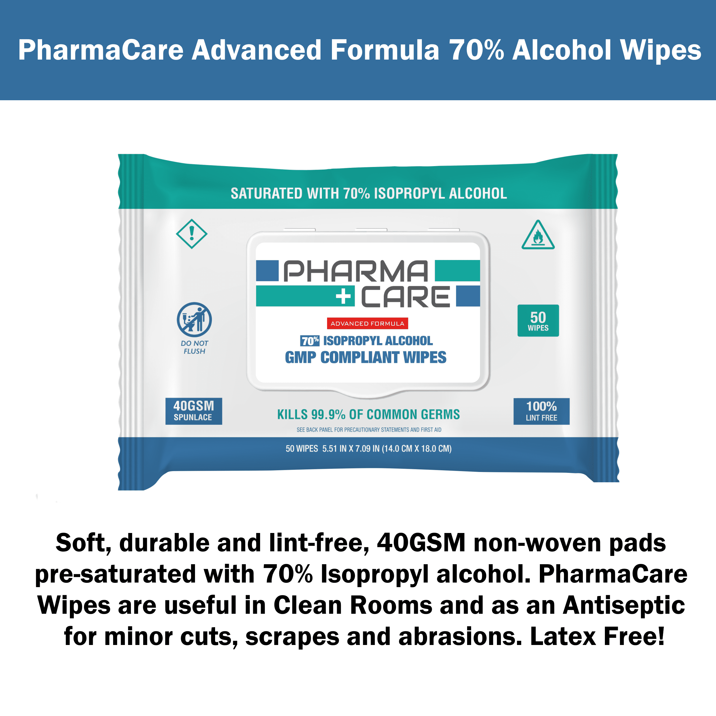 PharmaCare Advanced Formula 70% Alcohol Wipes - (50 Count) 40 Packs (case)