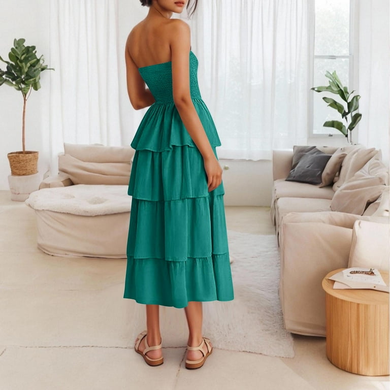 Odbmxy Sleeveless Womens Midi Dress Bandeau Women's Dresses Peplum A-Line  Green Tunic Solid Color Party Loose Dress
