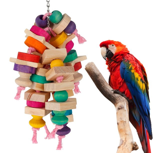 Dyyicun12 Smile Face Pet Parrot Toys Bird Teeth Grinding Wood Block Hanging Bell Swing Cage Toy Random Color