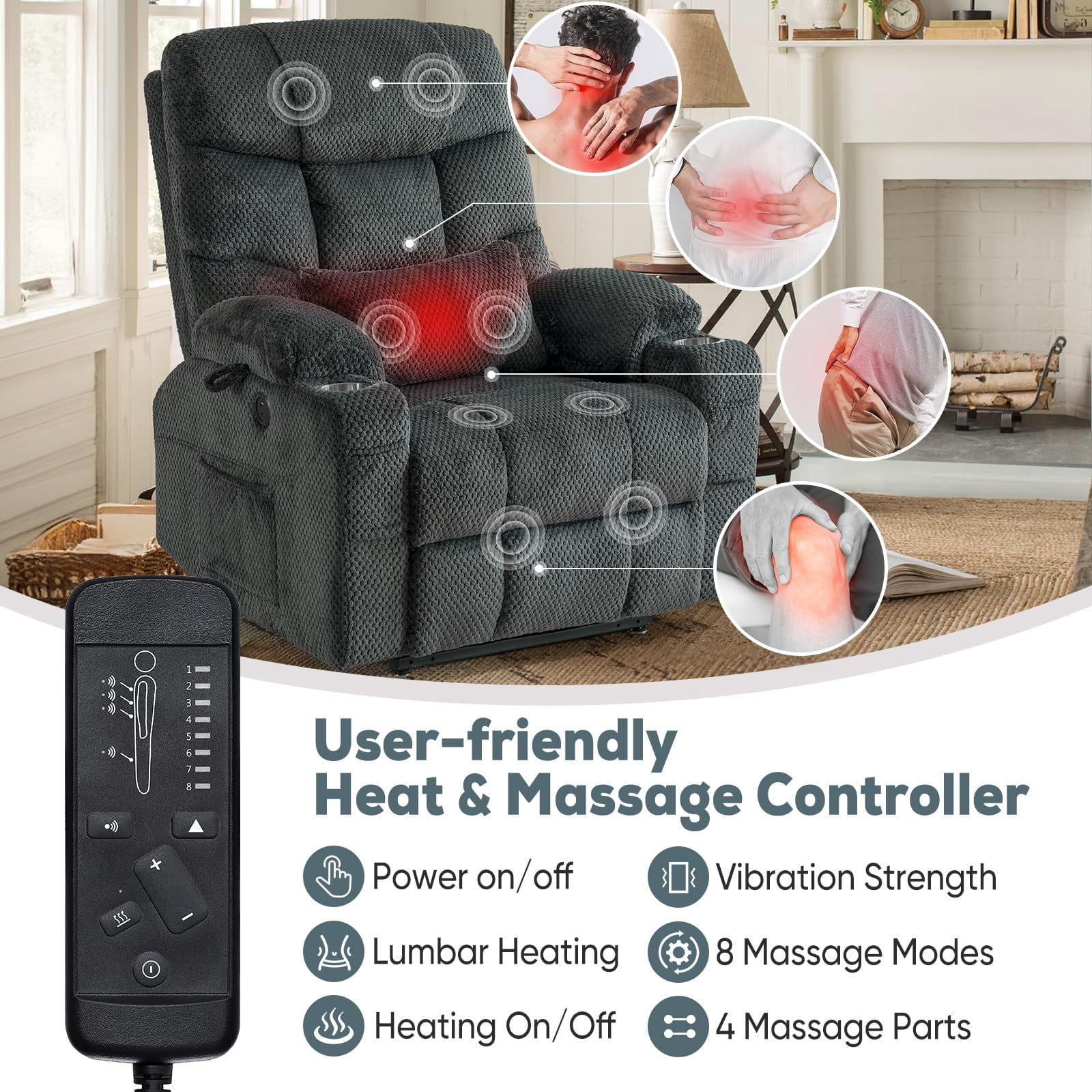 JULY'S SONG Dual Motor Lay Flat Power Lift Recliner Chair with Heat and Massage, USB & Type-C Ports, Large Recliners for Living Room, Oversized Recliner for Adults & Elderly - Grey